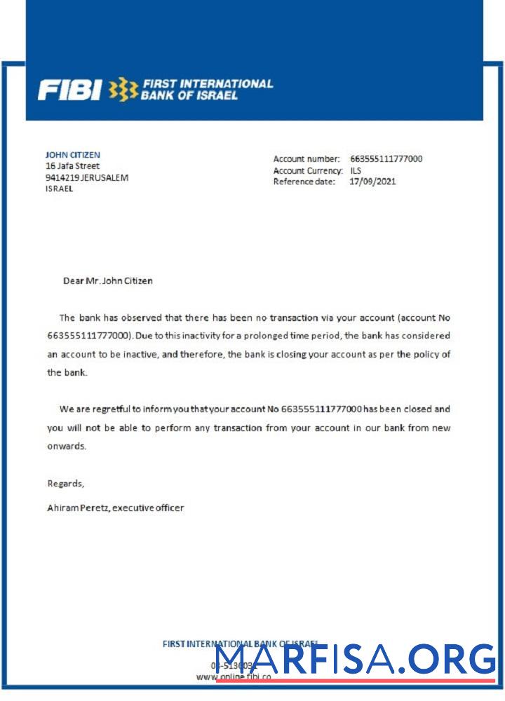 Printable Israel FIBI closure reference download for verification